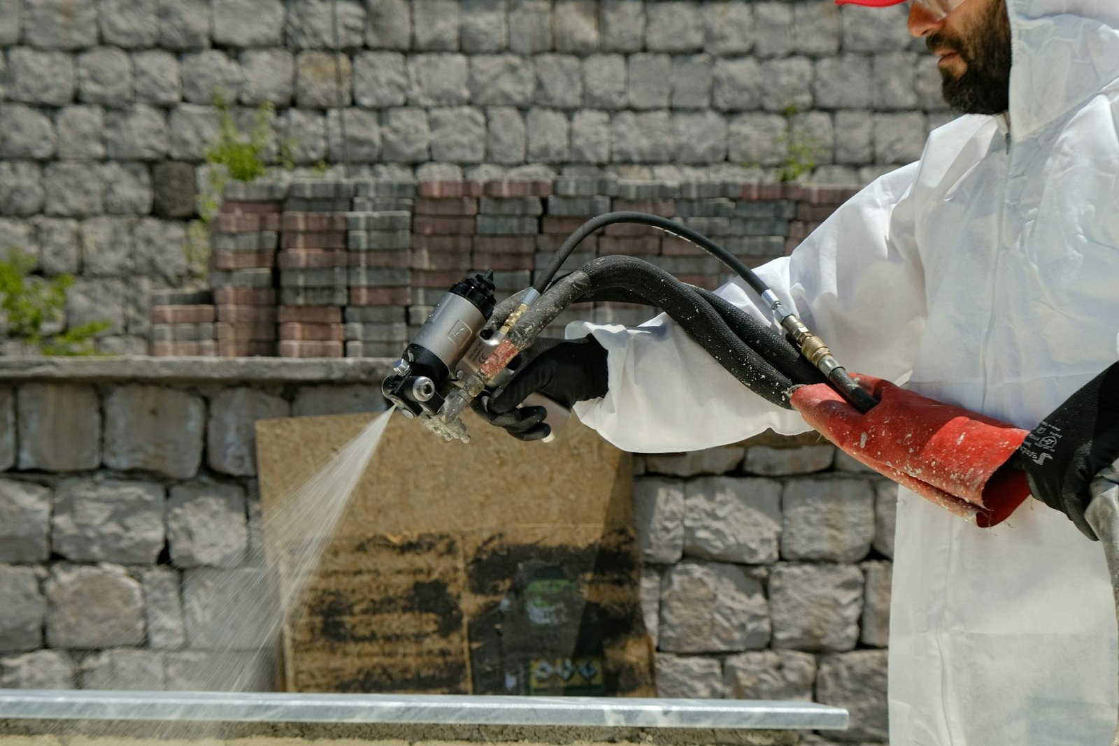 Technicien en combinaison projetant un isolant au pistolet